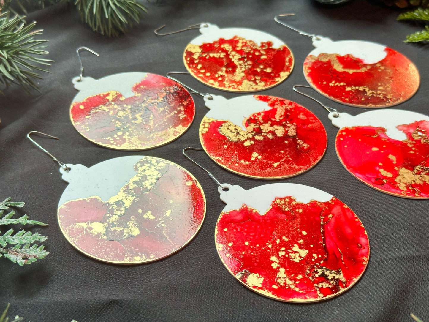 Scarlet and Gold Inks Hand-Painted Ornaments - Set of 7 - Driftless Enchantments