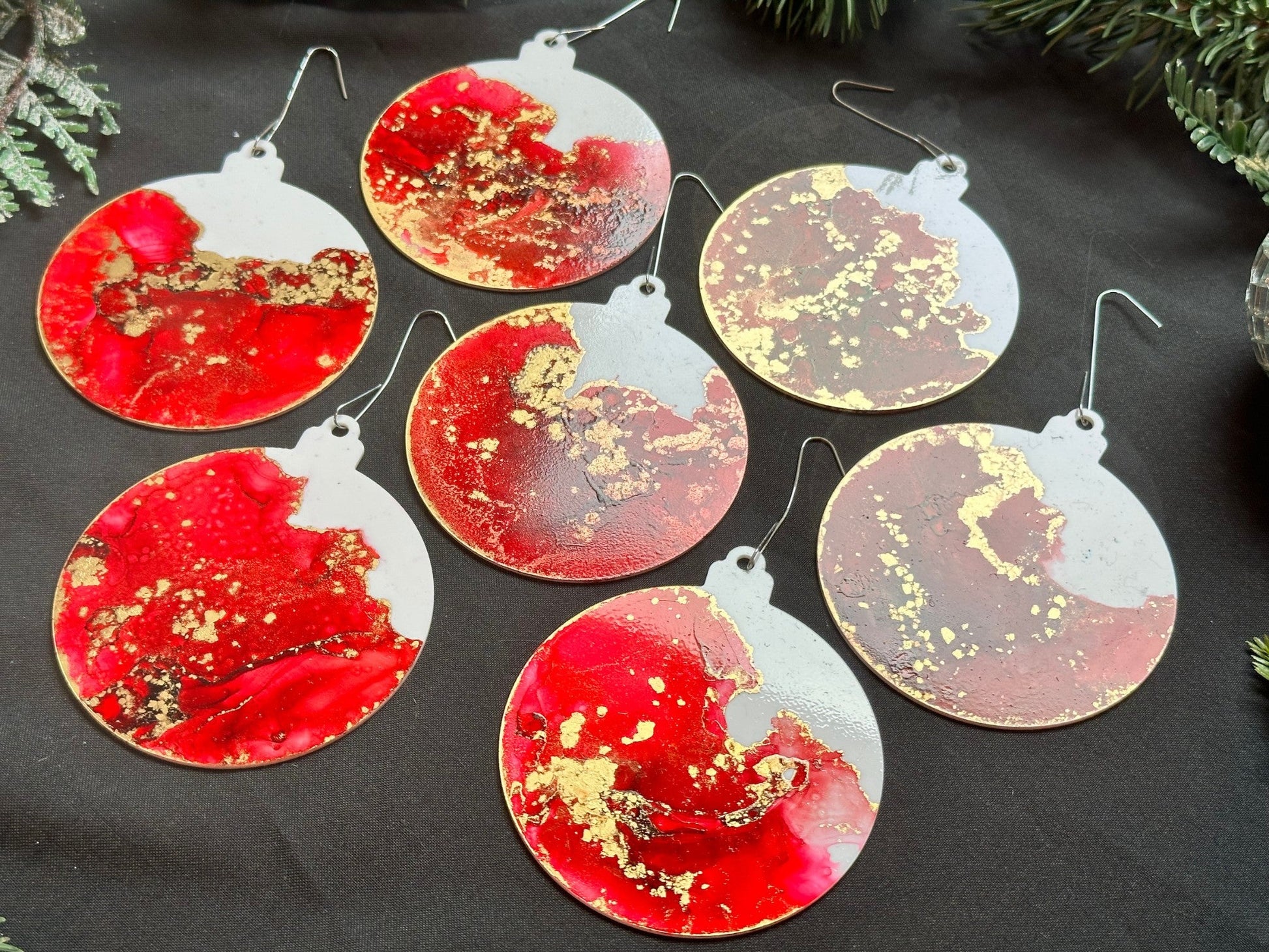 Scarlet and Gold Inks Hand-Painted Ornaments - Set of 7 - Driftless Enchantments