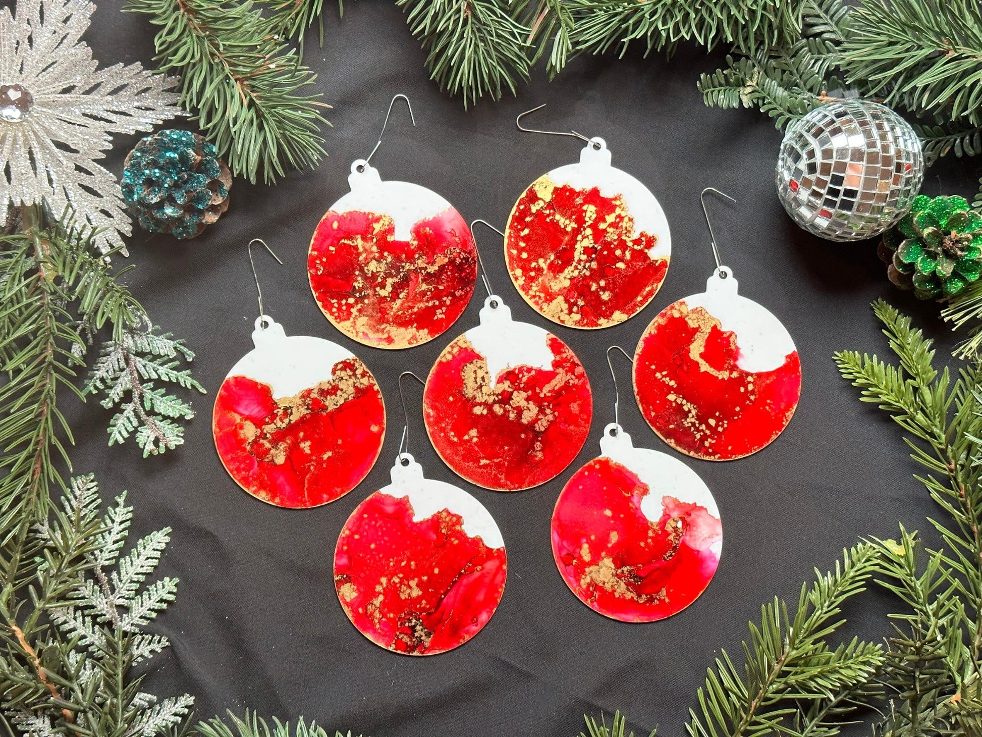 Scarlet and Gold Inks Hand-Painted Ornaments - Set of 7 - Driftless Enchantments