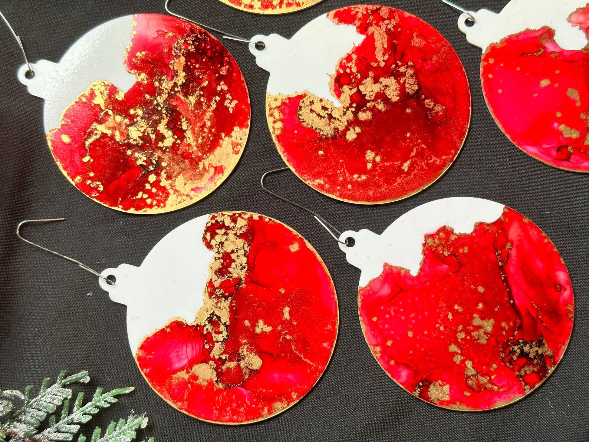 Scarlet and Gold Inks Hand-Painted Ornaments - Set of 7 - Driftless Enchantments