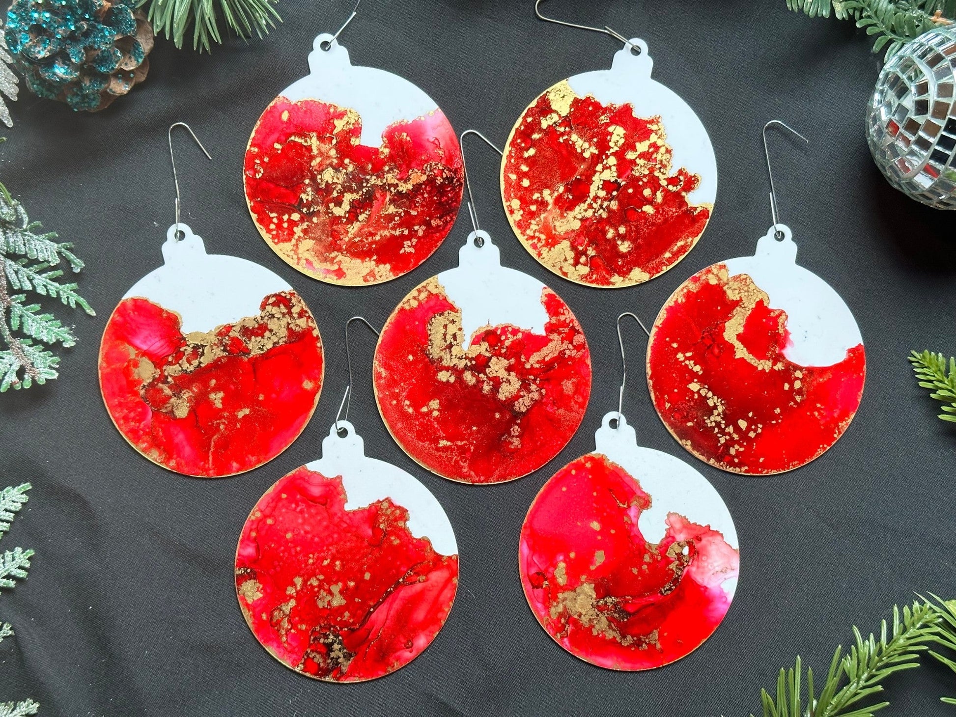Scarlet and Gold Inks Hand-Painted Ornaments - Set of 7 - Driftless Enchantments