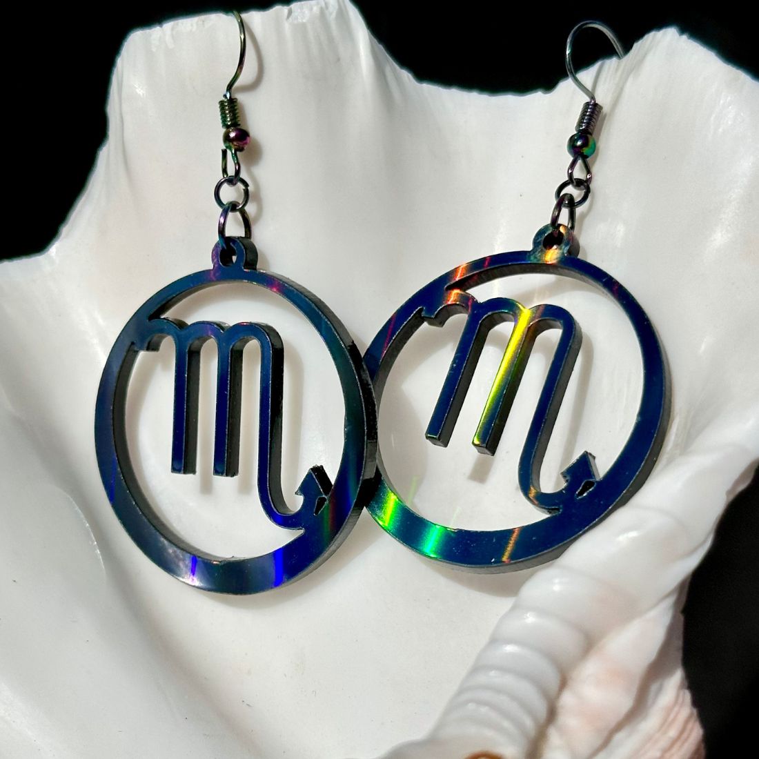 Scorpio Zodiac Sign Earrings - Black Rainbow Holographic - Driftless Enchantments
