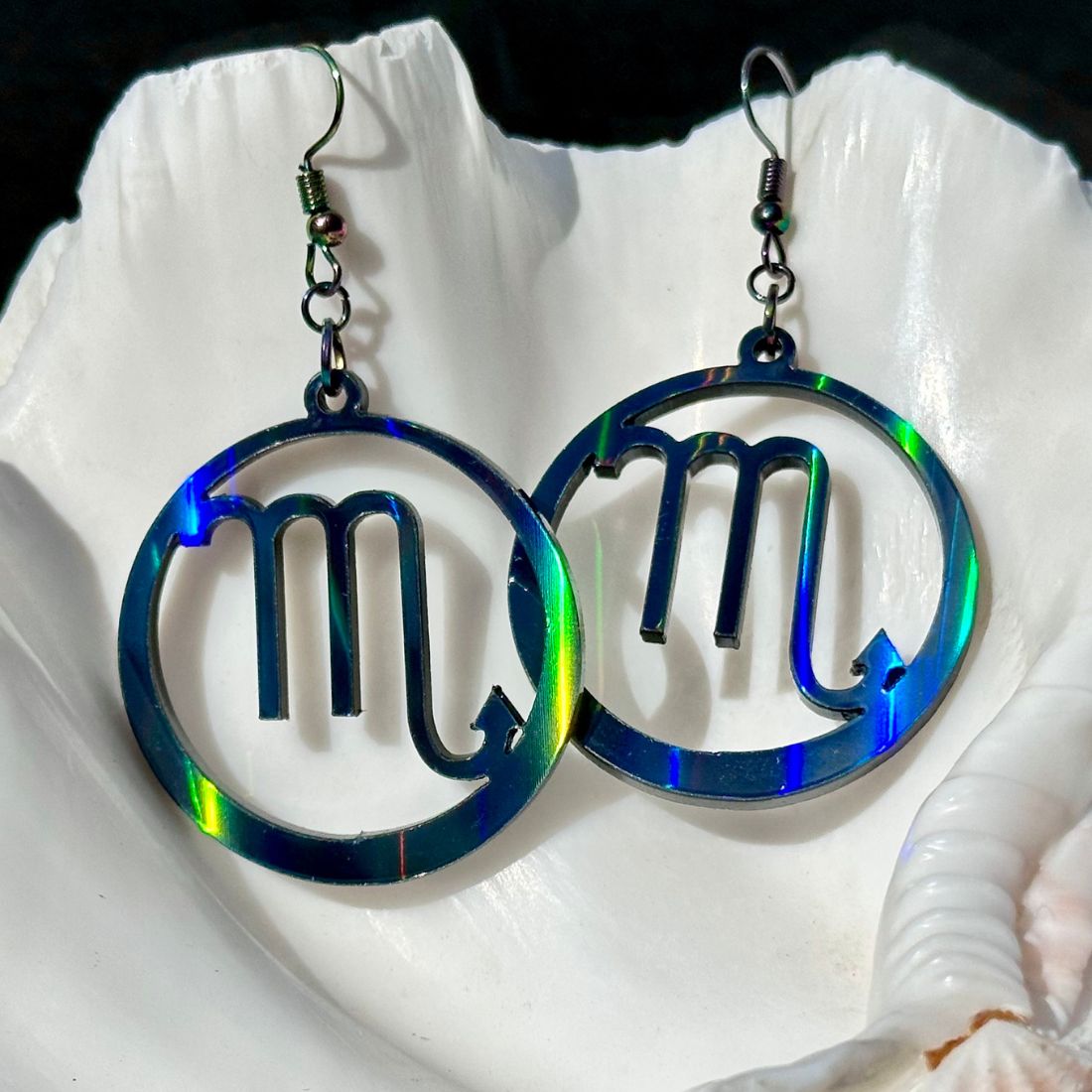 Scorpio Zodiac Sign Earrings - Black Rainbow Holographic - Driftless Enchantments