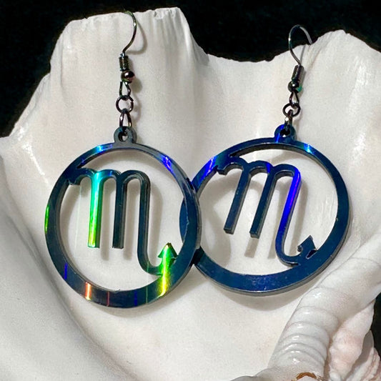 Scorpio Zodiac Sign Earrings - Black Rainbow Holographic - Driftless Enchantments