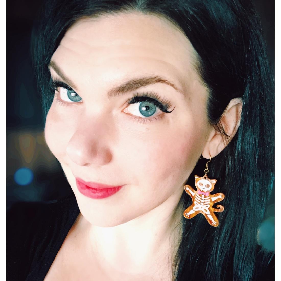 Skeleton Cat Gingerbread Cookie Earrings - Driftless Enchantments