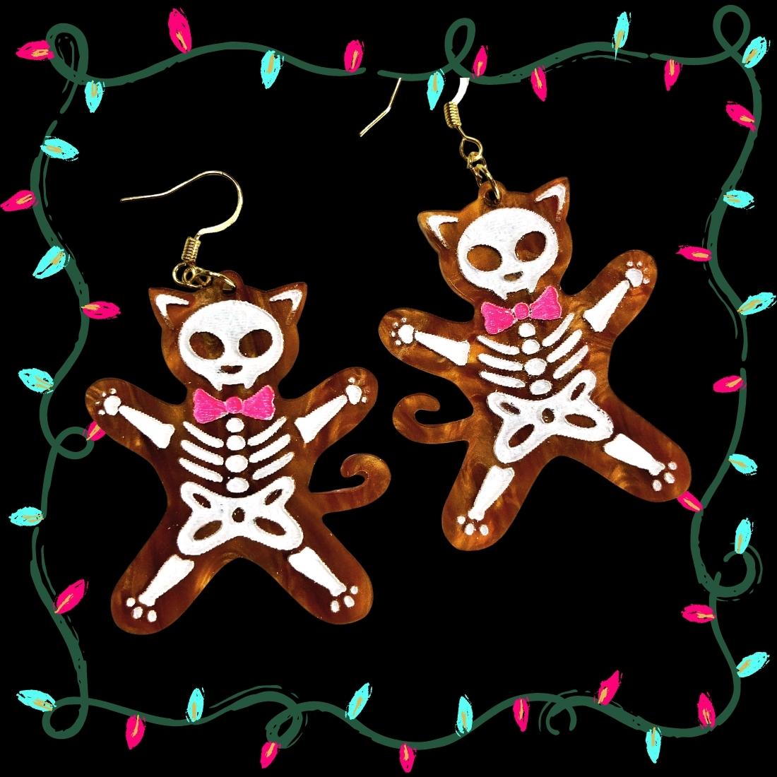 Skeleton Cat Gingerbread Cookie Earrings - Driftless Enchantments