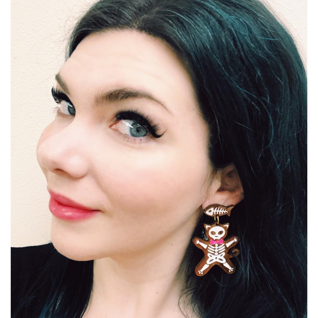 Skeleton Cat Gingerbread Cookie Earrings - Driftless Enchantments