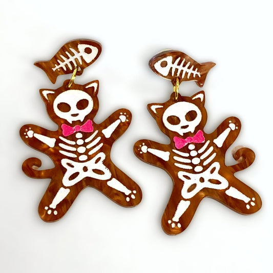 Skeleton Cat Gingerbread Cookie Earrings - Driftless Enchantments