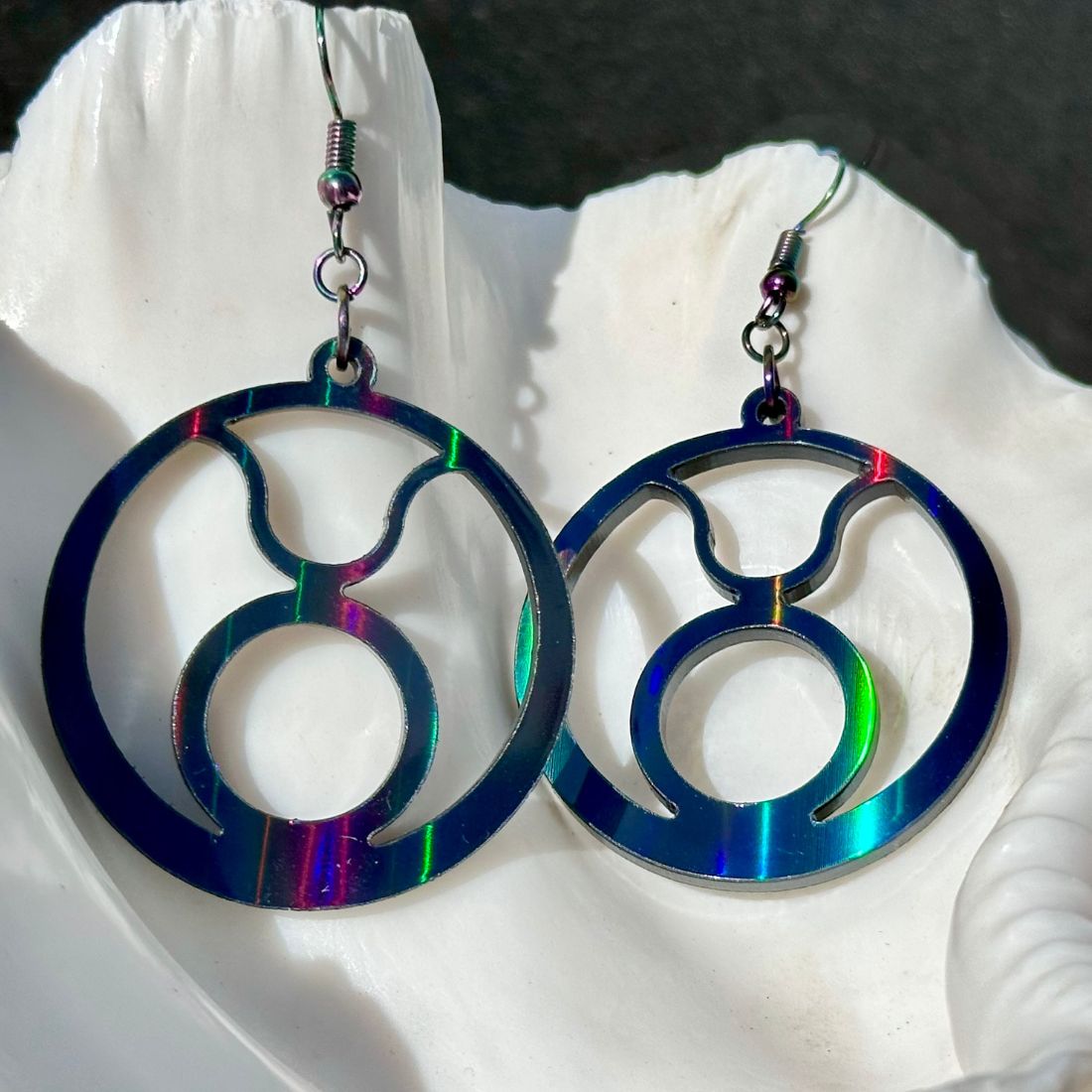 Taurus Zodiac Sign Earrings - Black Rainbow Holographic - Driftless Enchantments