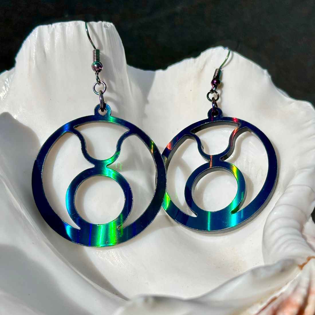 Taurus Zodiac Sign Earrings - Black Rainbow Holographic - Driftless Enchantments