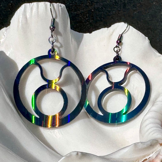 Taurus Zodiac Sign Earrings - Black Rainbow Holographic - Driftless Enchantments