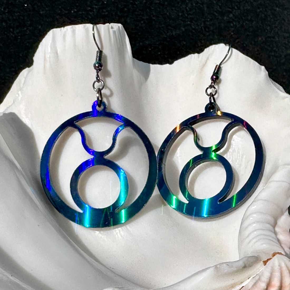 Taurus Zodiac Sign Earrings - Black Rainbow Holographic - Driftless Enchantments