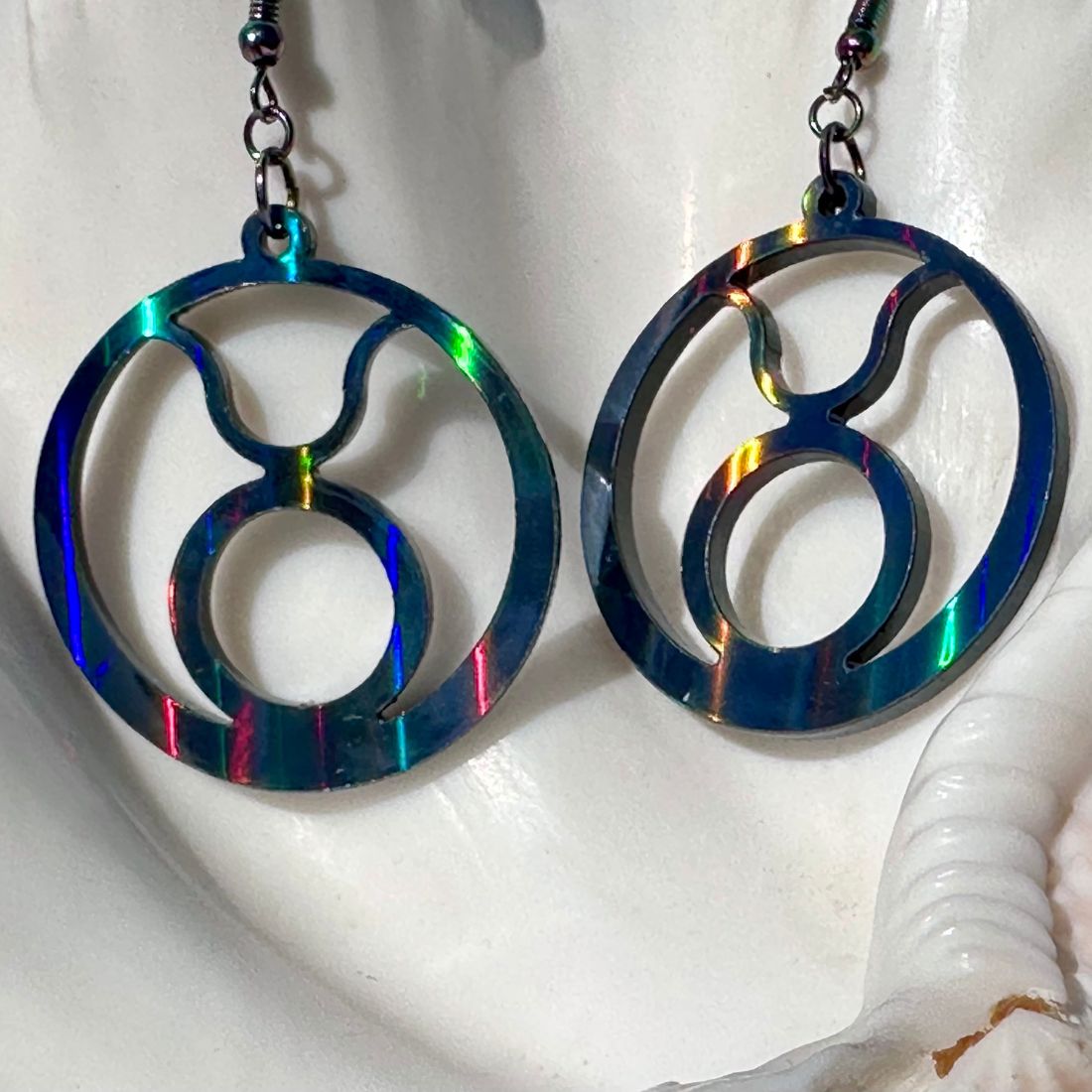 Taurus Zodiac Sign Earrings - Black Rainbow Holographic - Driftless Enchantments