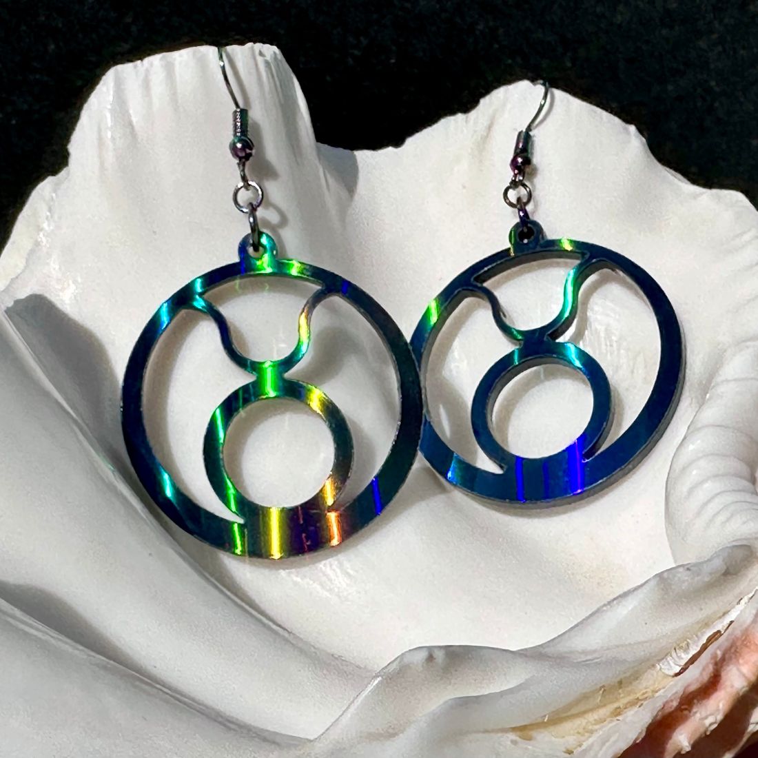 Taurus Zodiac Sign Earrings - Black Rainbow Holographic - Driftless Enchantments