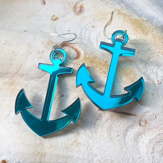 Teal Mirror Anchor Earrings - Driftless Enchantments
