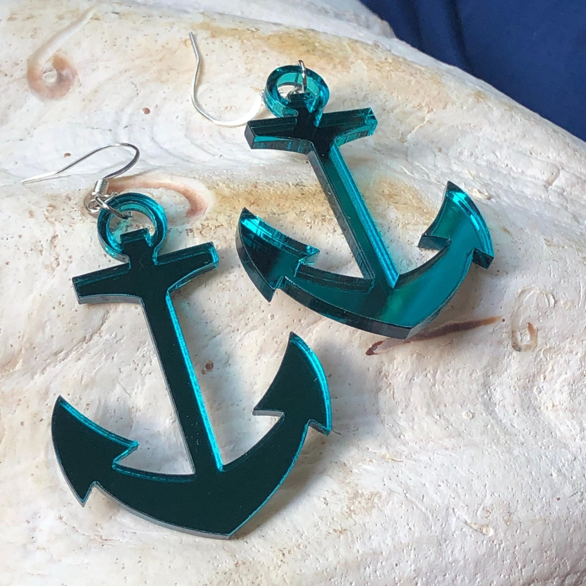 Teal Mirror Anchor Earrings - Driftless Enchantments