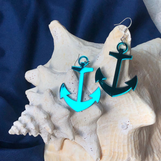 Teal Mirror Anchor Earrings - Driftless Enchantments