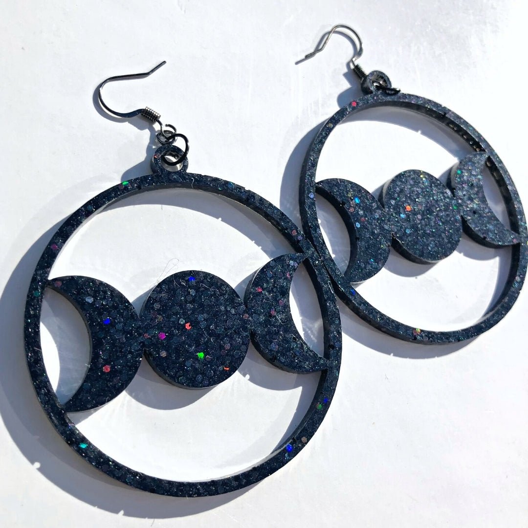 Triple Moon Statement Earrings - Black Rainbow - Driftless Enchantments