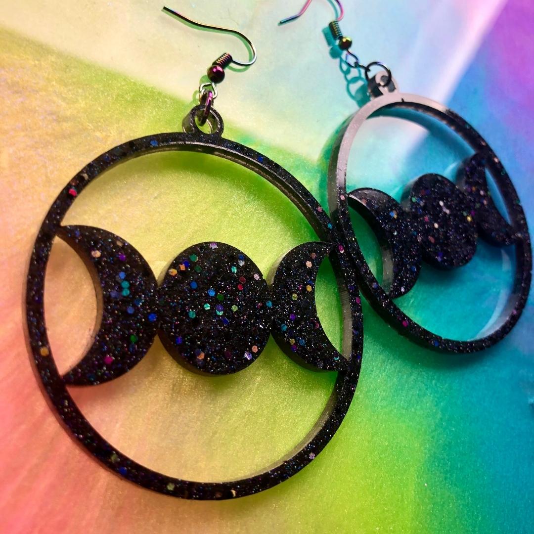 Triple Moon Statement Earrings - Black Rainbow - Driftless Enchantments