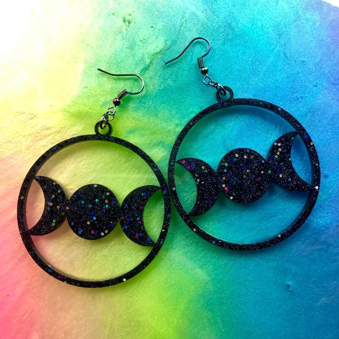 Triple Moon Statement Earrings - Black Rainbow - Driftless Enchantments