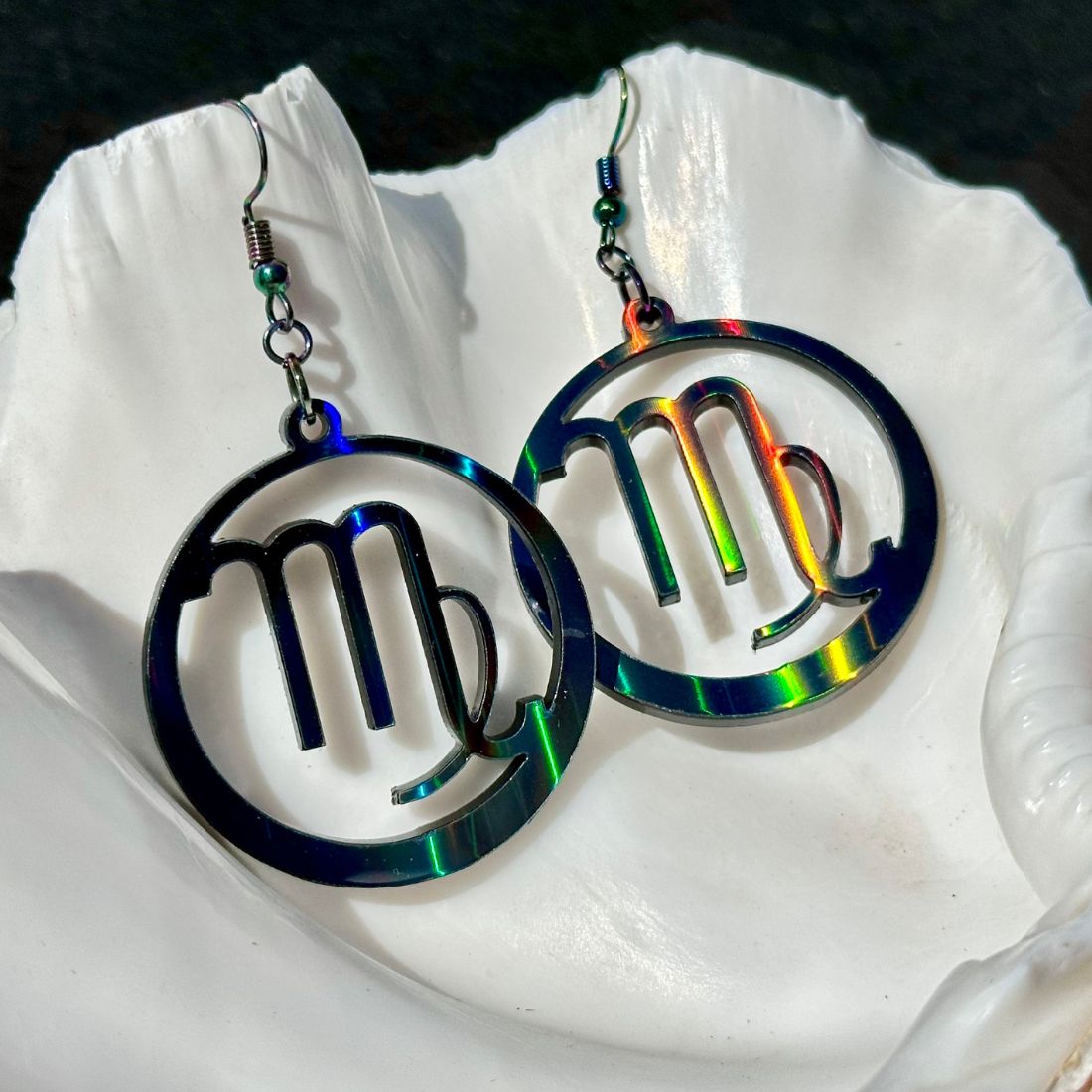 Virgo Zodiac Sign Earrings - Black Rainbow Holographic - Driftless Enchantments