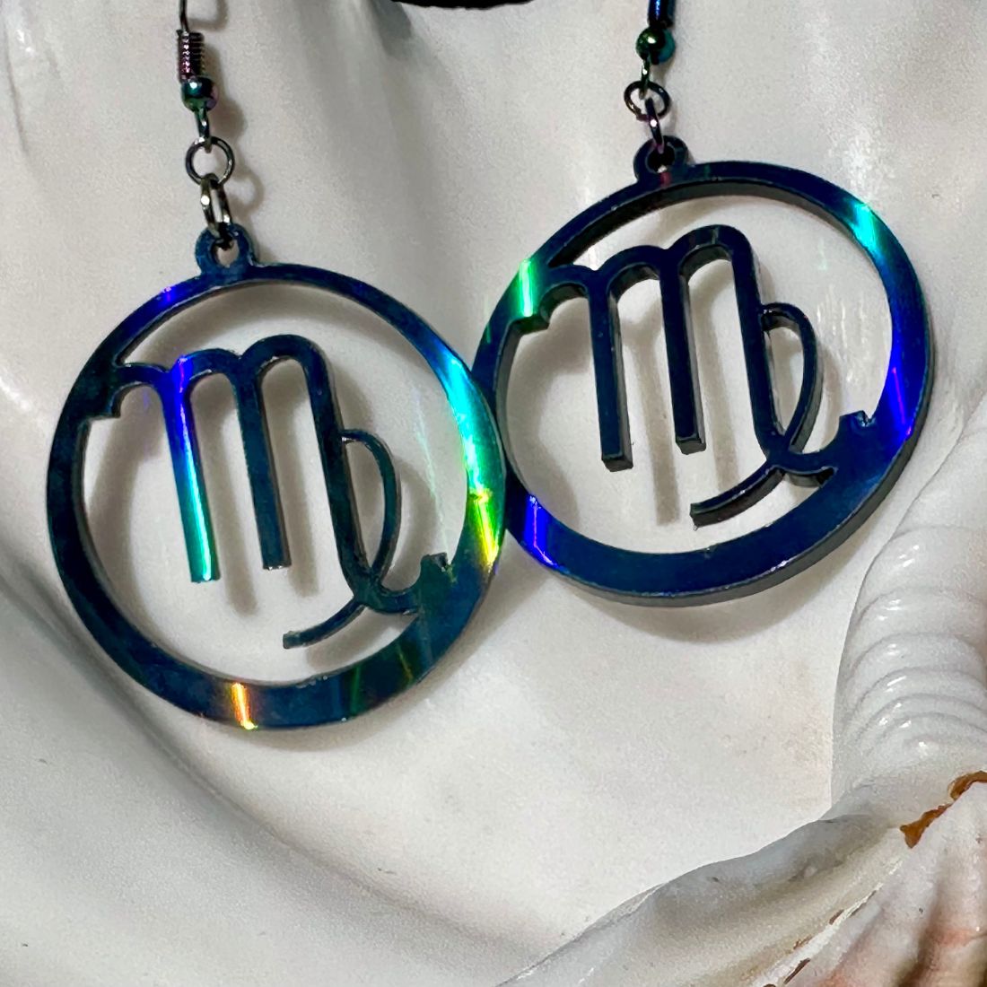 Virgo Zodiac Sign Earrings - Black Rainbow Holographic - Driftless Enchantments