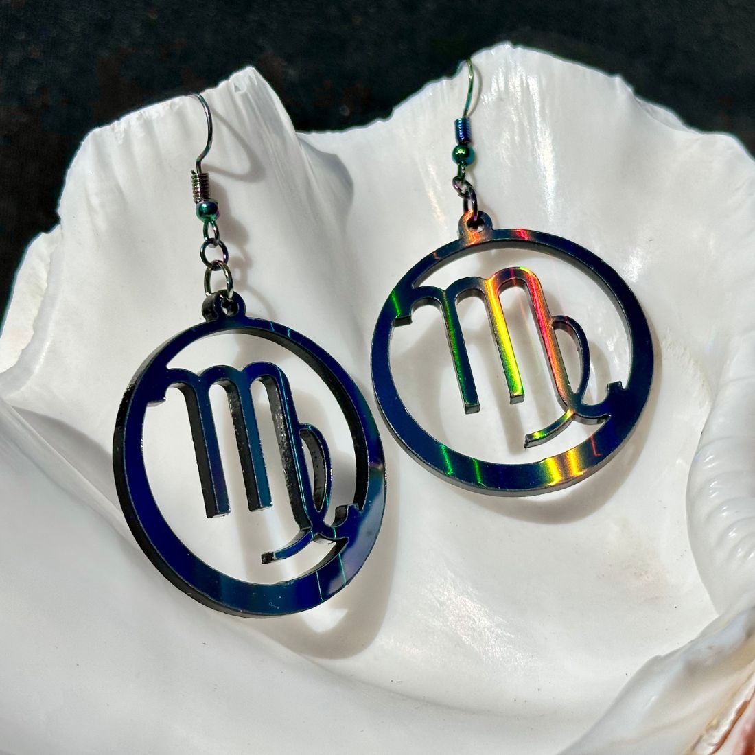 Virgo Zodiac Sign Earrings - Black Rainbow Holographic - Driftless Enchantments