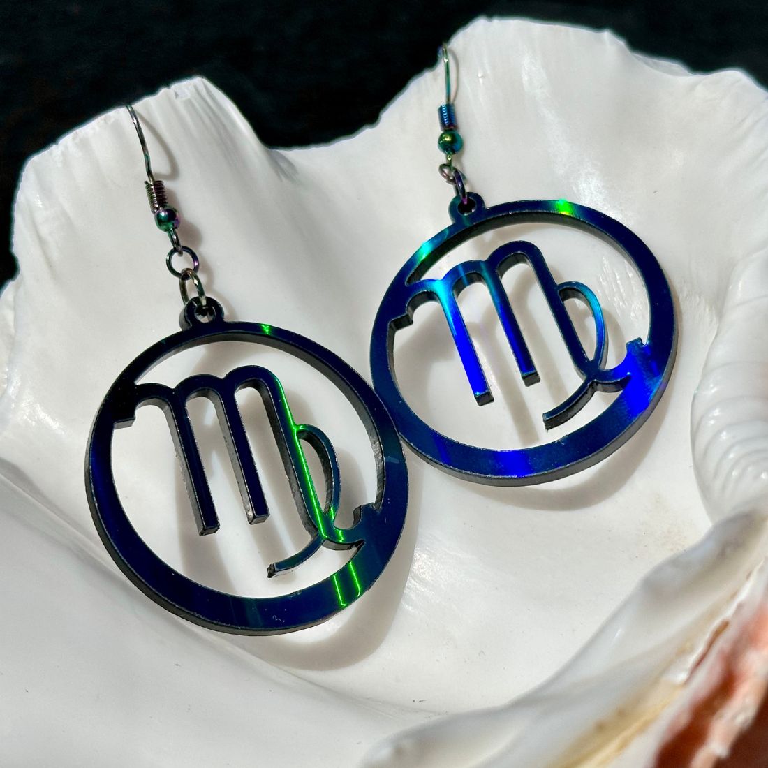 Virgo Zodiac Sign Earrings - Black Rainbow Holographic - Driftless Enchantments
