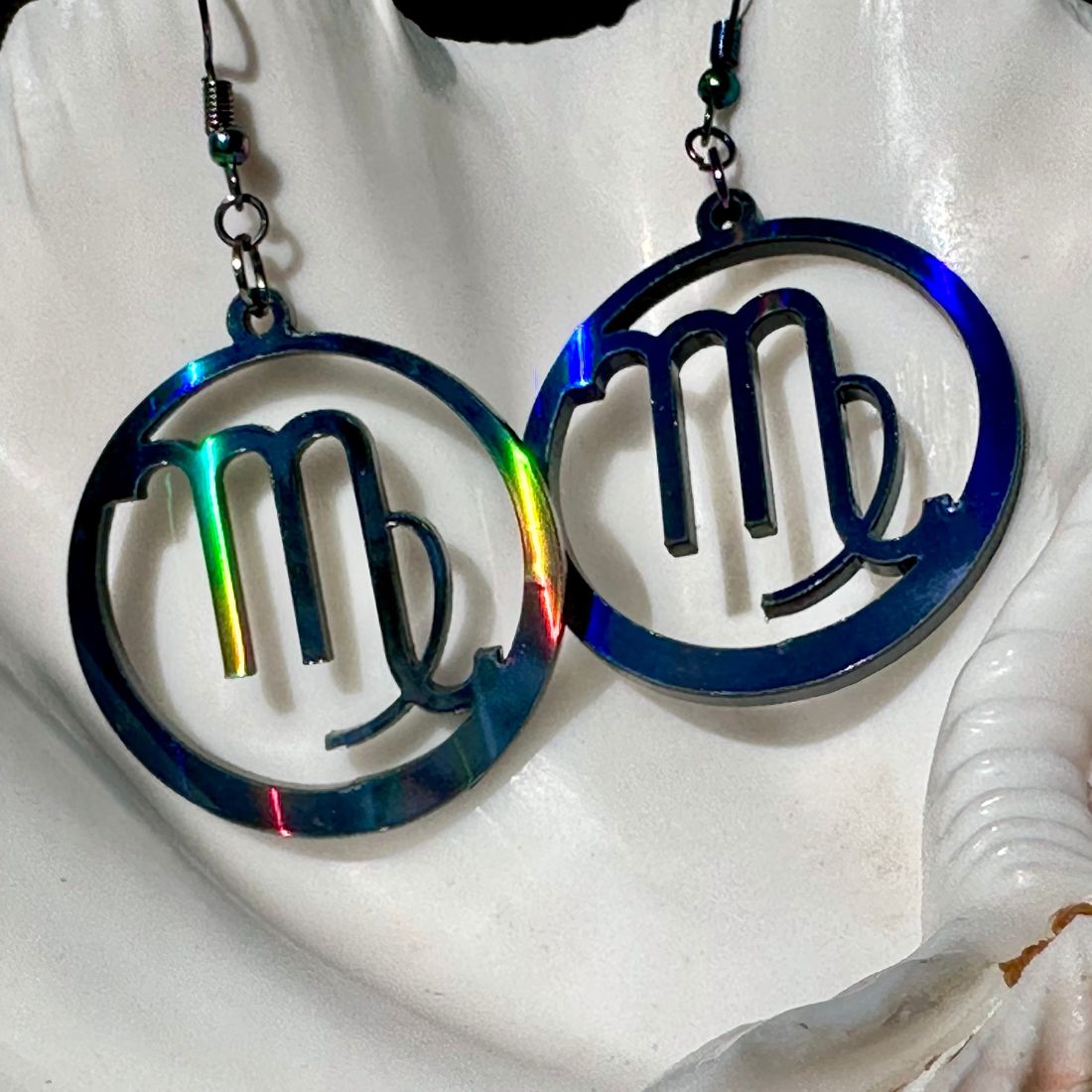 Virgo Zodiac Sign Earrings - Black Rainbow Holographic - Driftless Enchantments