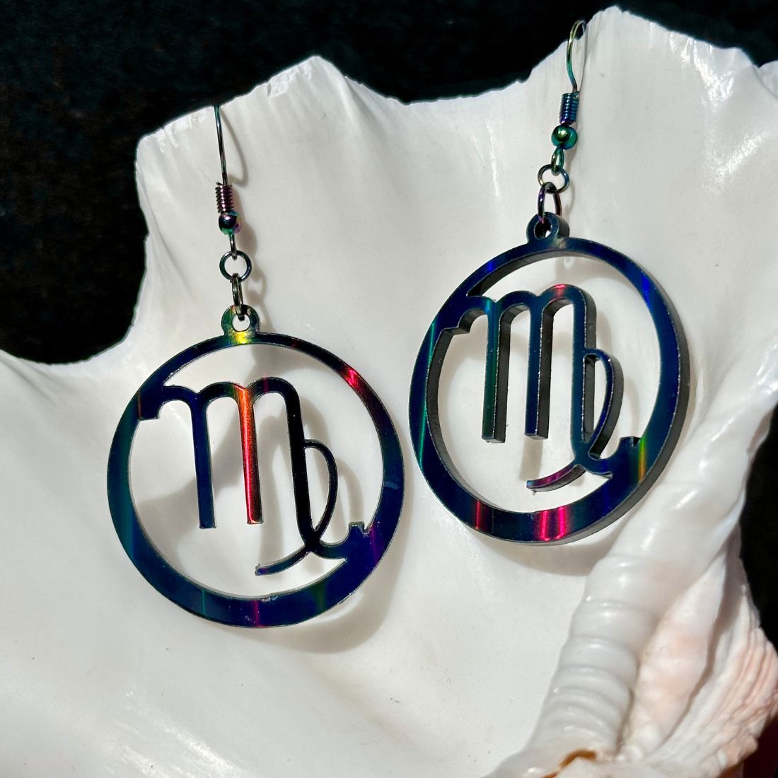 Virgo Zodiac Sign Earrings - Black Rainbow Holographic - Driftless Enchantments