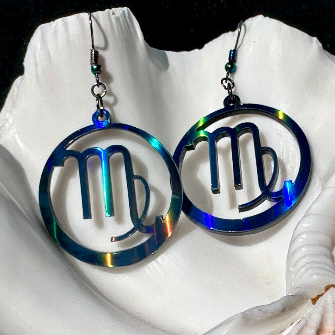 Virgo Zodiac Sign Earrings - Black Rainbow Holographic - Driftless Enchantments