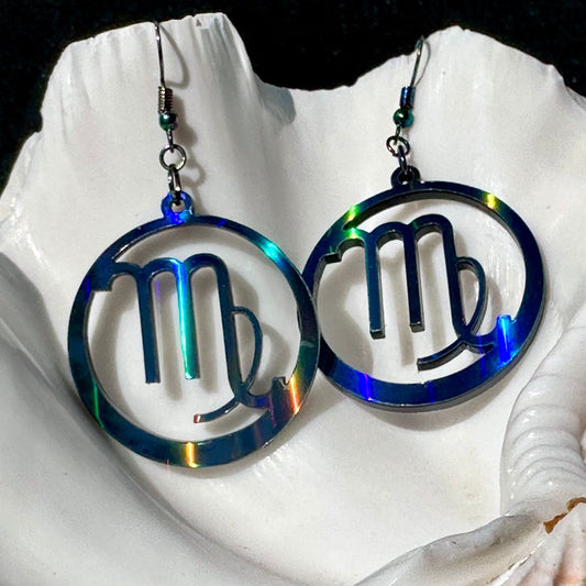 Virgo Zodiac Sign Earrings - Black Rainbow Holographic - Driftless Enchantments