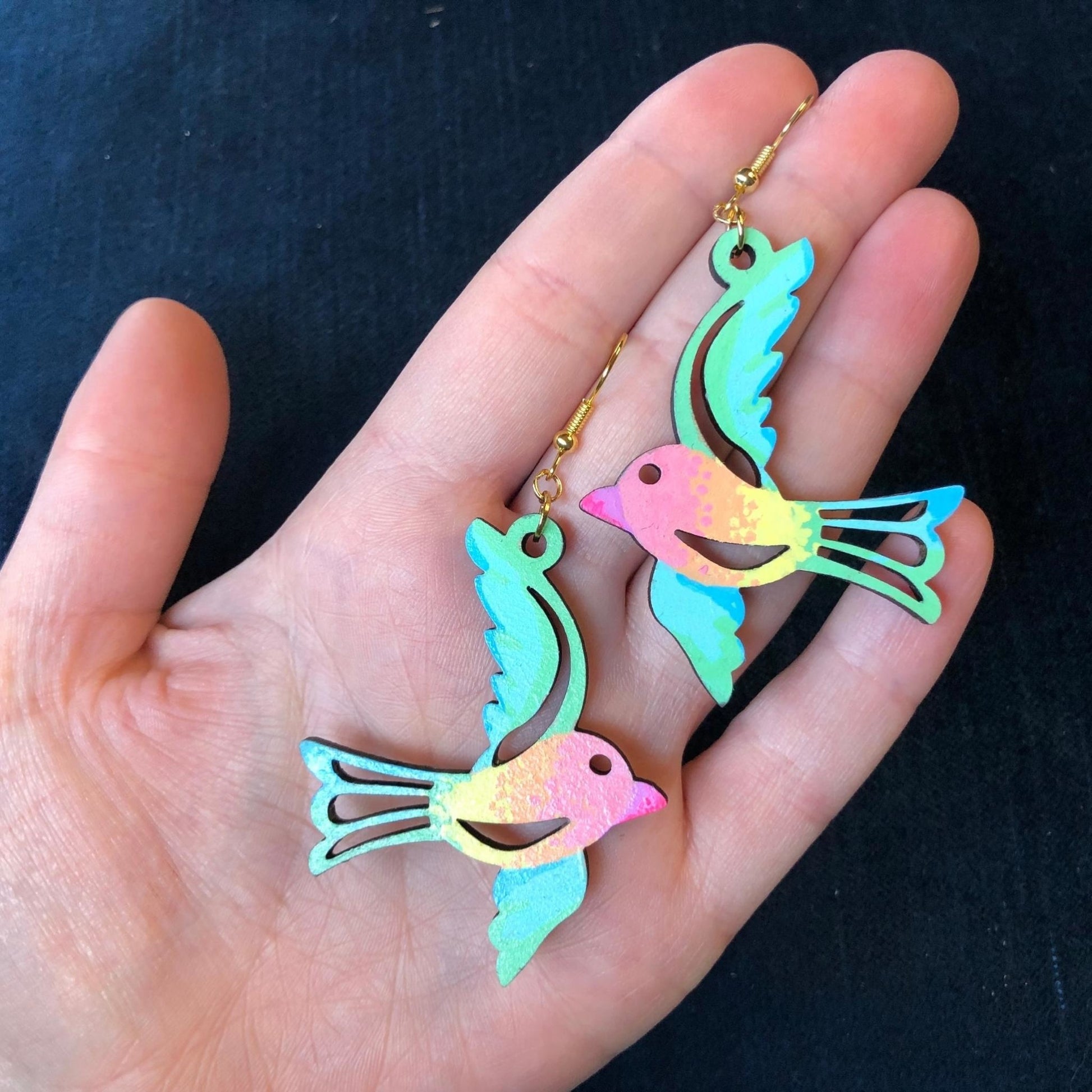 Wingin' It - Hand-Painted Wood Earrings - Driftless Enchantments