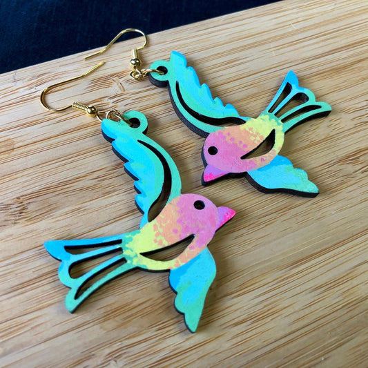 Wingin' It - Hand-Painted Wood Earrings - Driftless Enchantments
