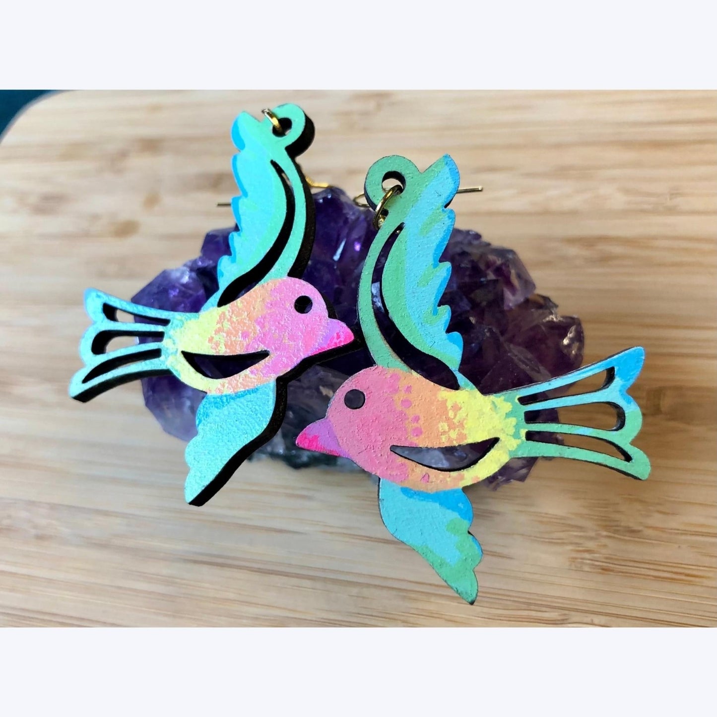 Wingin' It - Hand-Painted Wood Earrings - Driftless Enchantments
