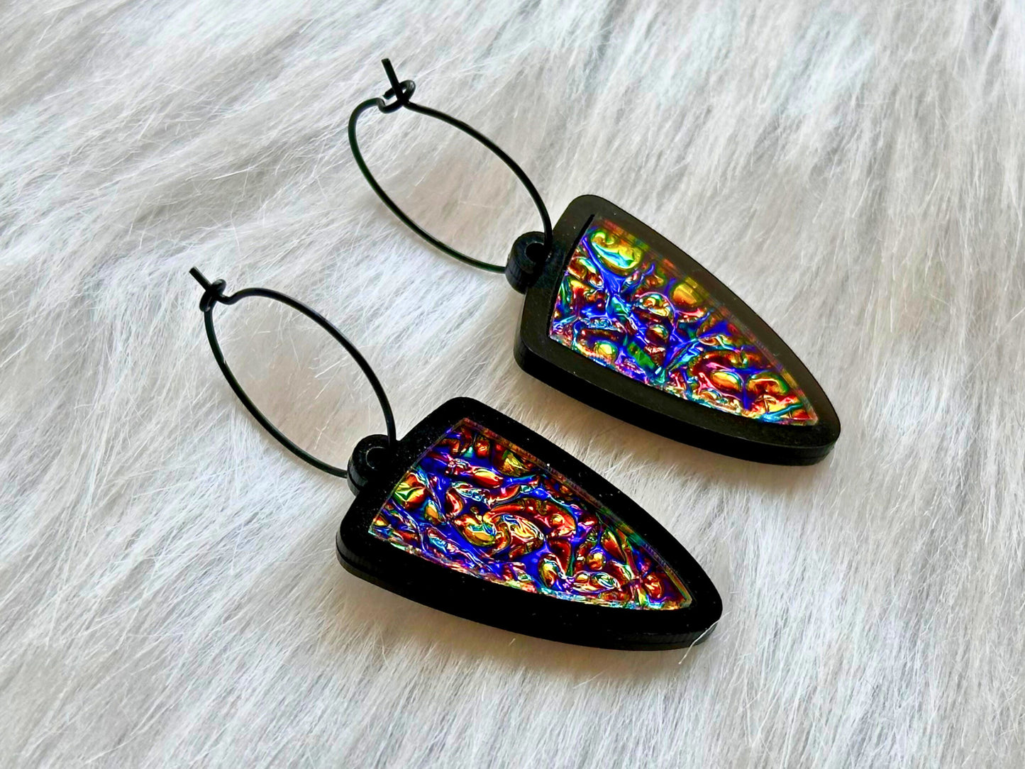Prism Shield Earrings – Dragontastic Dichrolam & Black Acrylic