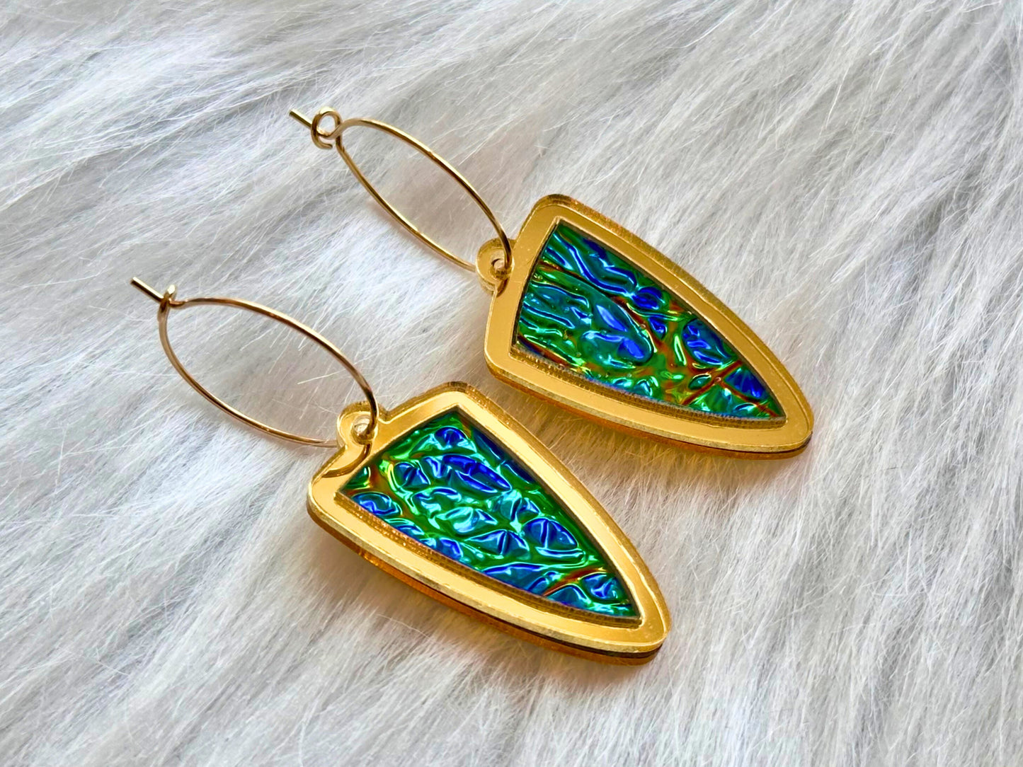 Prism Shield Earrings – Black Sea Dichrolam & Gold Mirror Acrylic