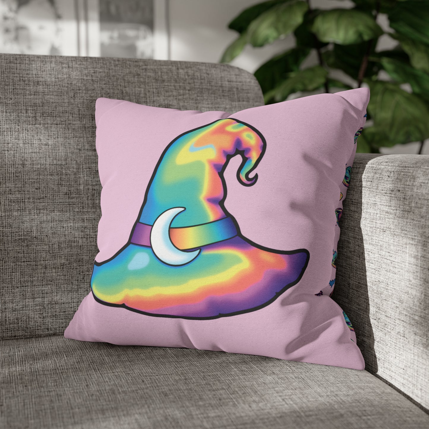 Rainbow Witch Hat Reversible Square Pillow Case - Pink
