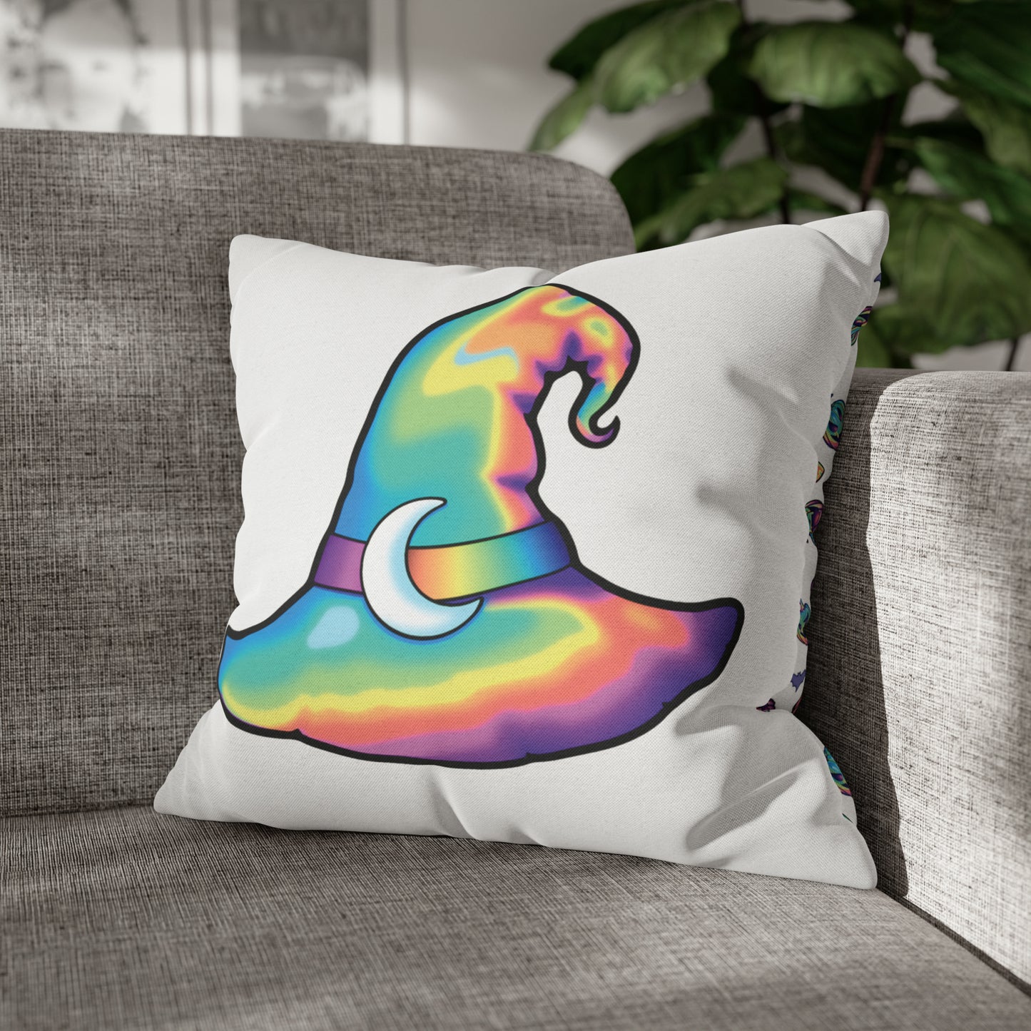 Rainbow Witch Hat Reversible Square Pillow Case - White
