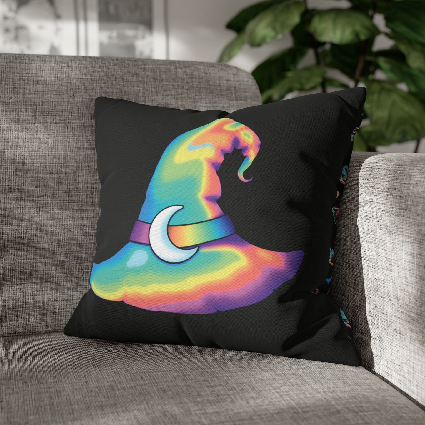 Rainbow Witch Hat Reversible Square Pillow Case - Black