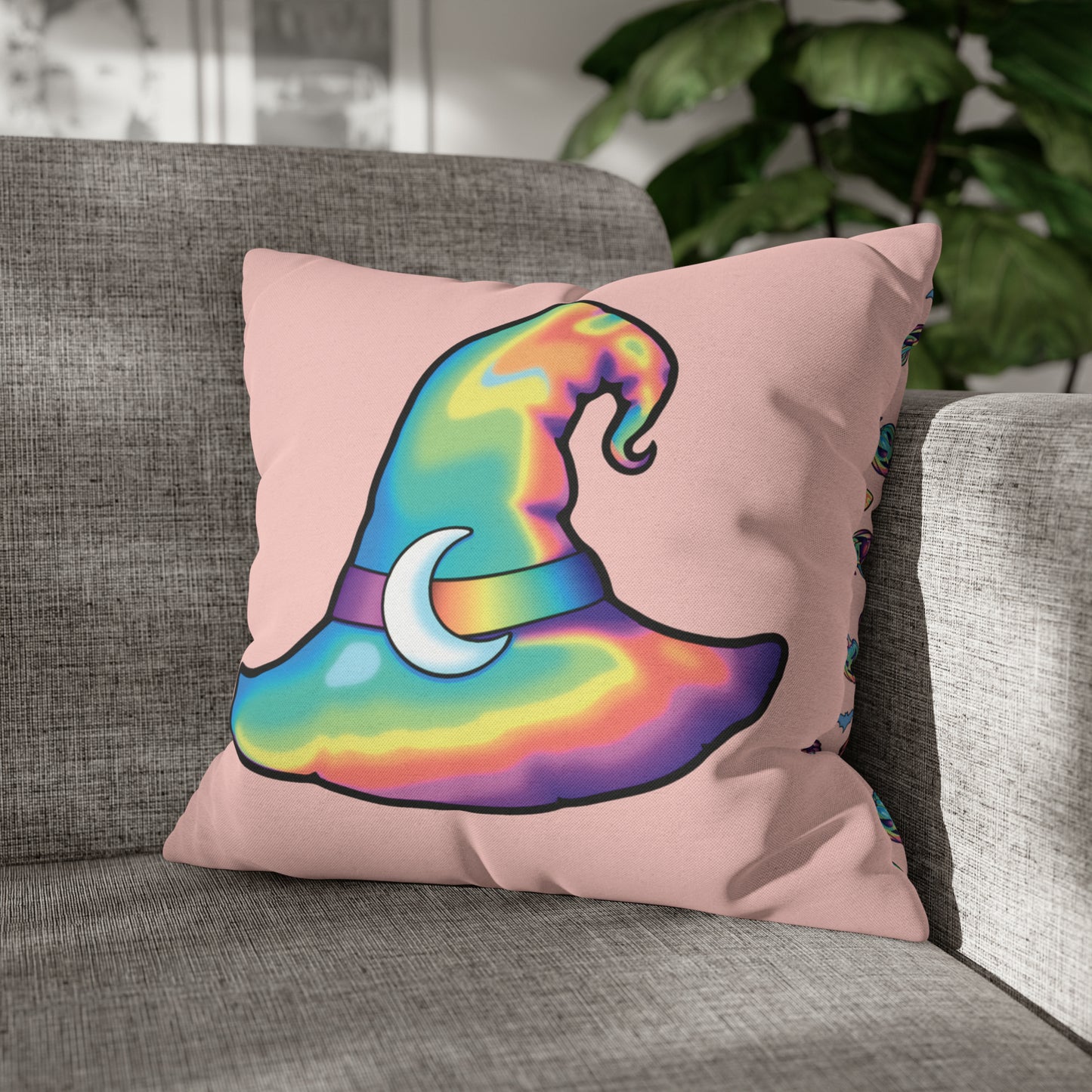 Rainbow Witch Hat Reversible Square Pillow Case - Coral