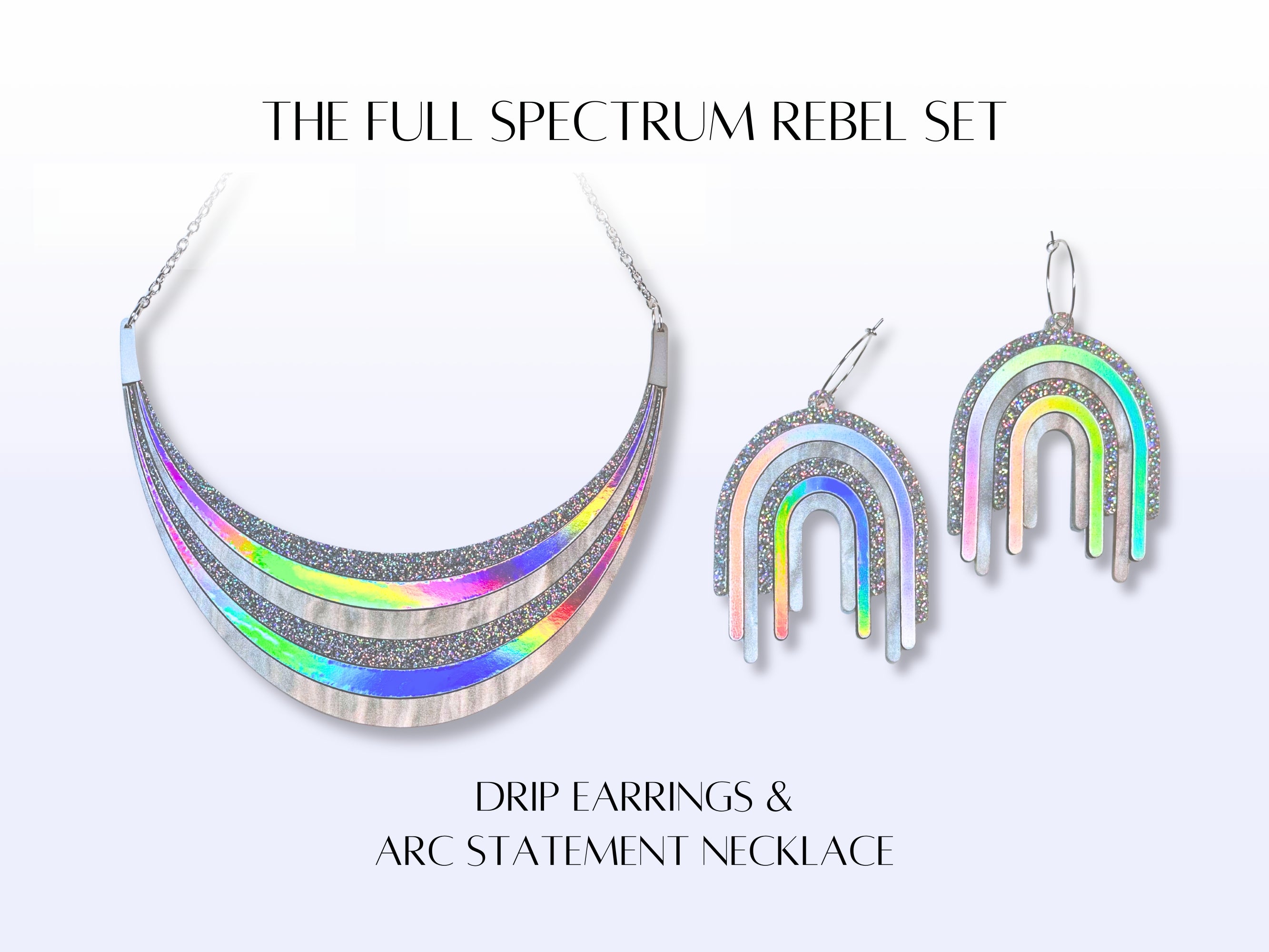 Full Spectrum Rebel Disco Prism jewelry set showing the arc statement necklace and matching drip earrings.