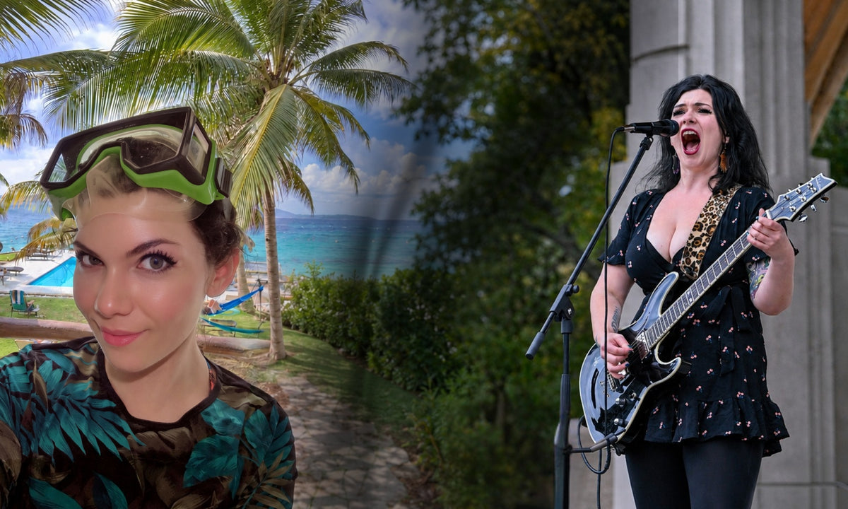 Raina after a scuba dive beside Raina Maris singing and playing guitar onstage, with tropical scenery blending into an outdoor concert setting.