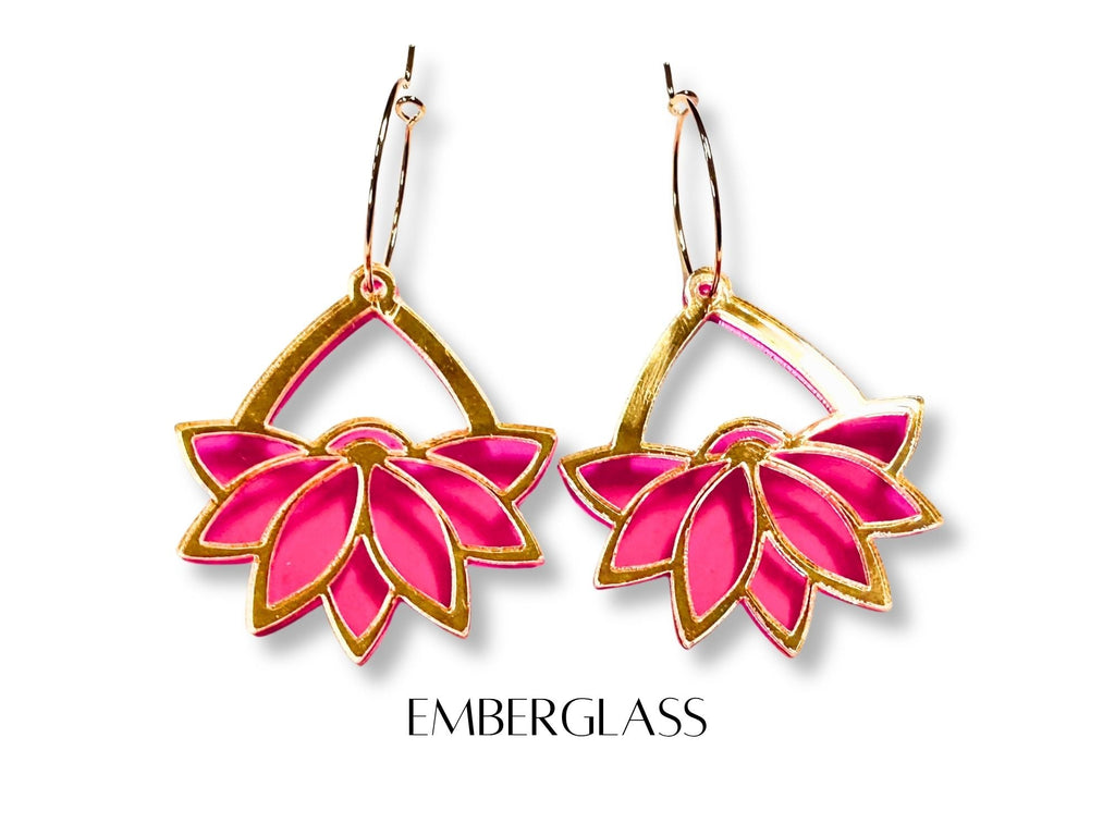Emberglass Art Deco lotus hoop earrings in gold and vibrant pink acrylic