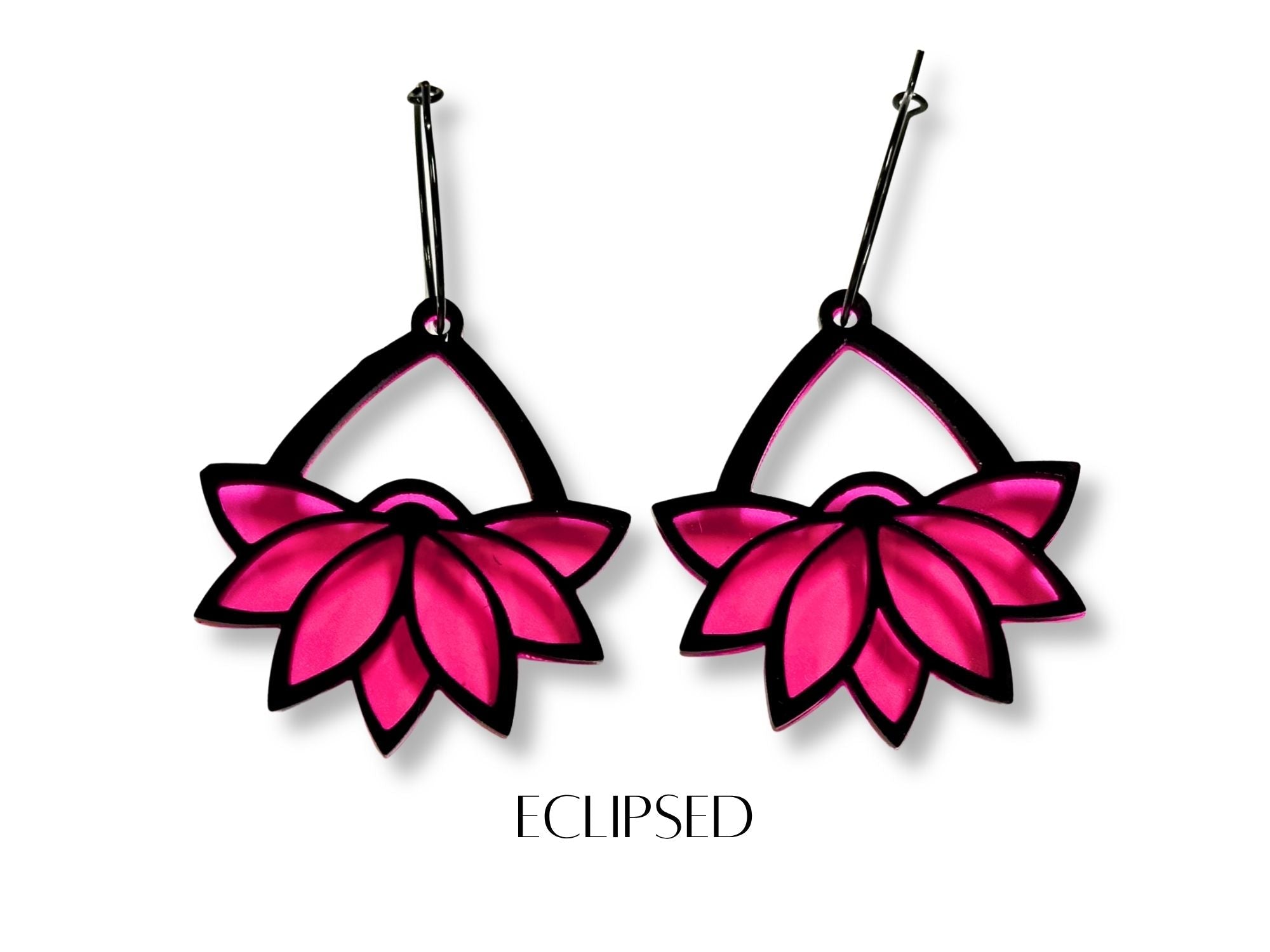Eclipsed Art Deco lotus hoop earrings in black and vivid magenta acrylic