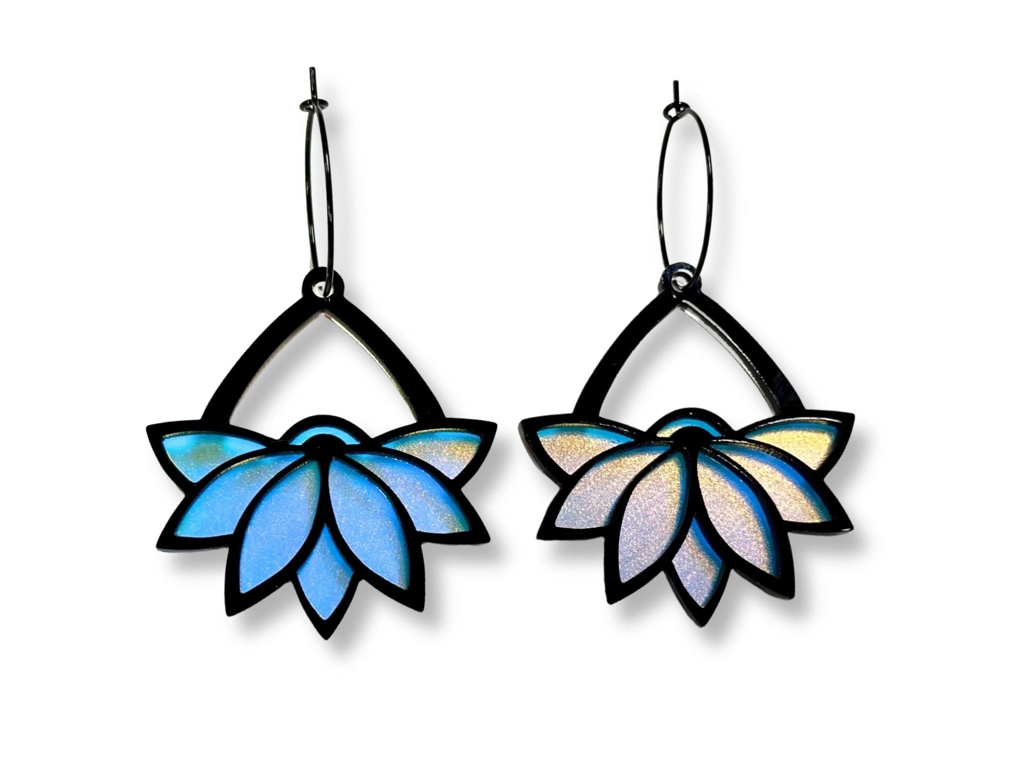 Art Deco lotus hoop earrings in Obsidian  on white background