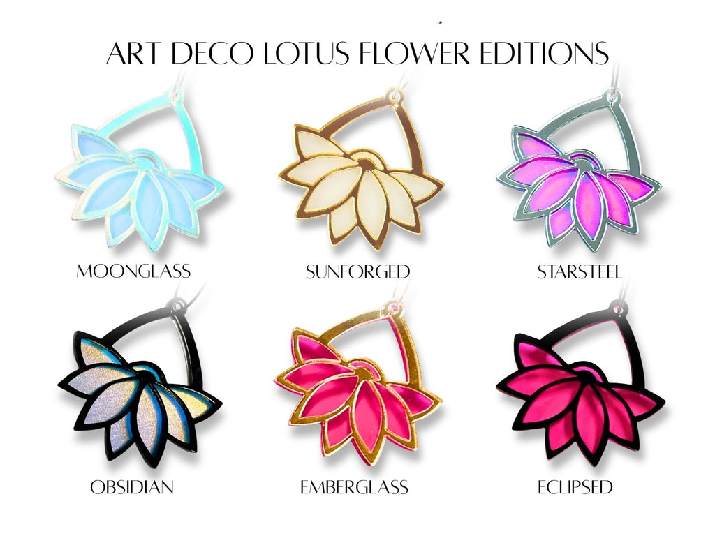 Art Deco lotus earrings color chart showing six available colorways including Moonglass, Sunforged, Starsteel, Obsidian, Emberglass and Eclipsed