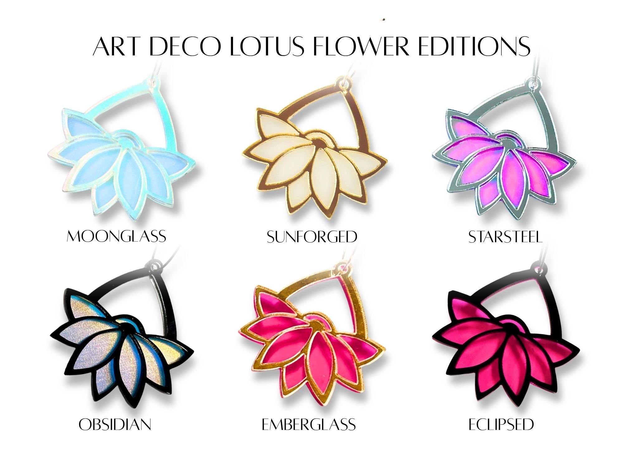 Art Deco lotus earrings color chart showing six available colorways including Moonglass, Sunforged, Starsteel, Obsidian, Emberglass and Eclipsed