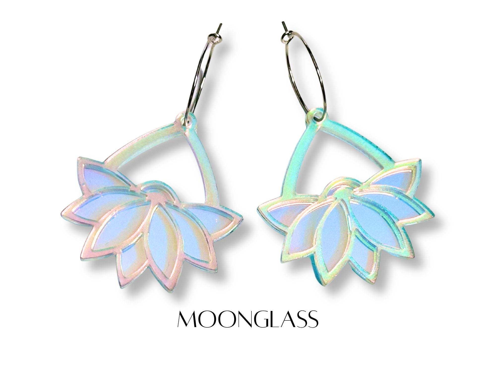 Moonglass Art Deco lotus hoop earrings in iridescent pastel acrylic