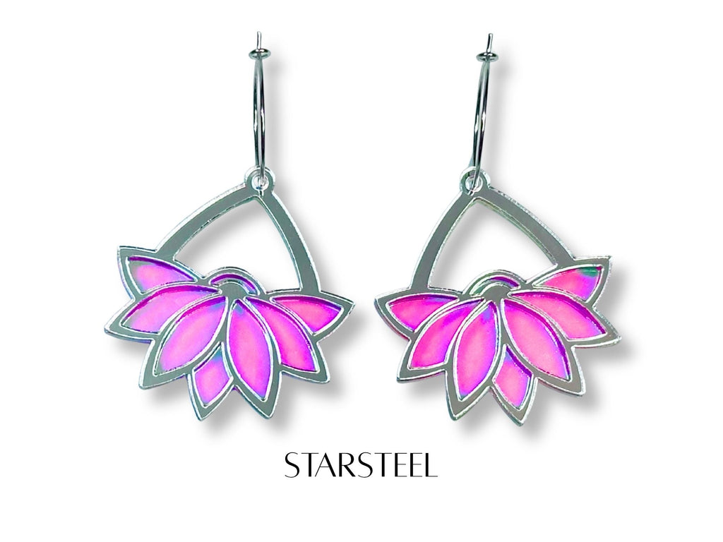 Starsteel Art Deco lotus hoop earrings in silver and pink iridescent acrylic